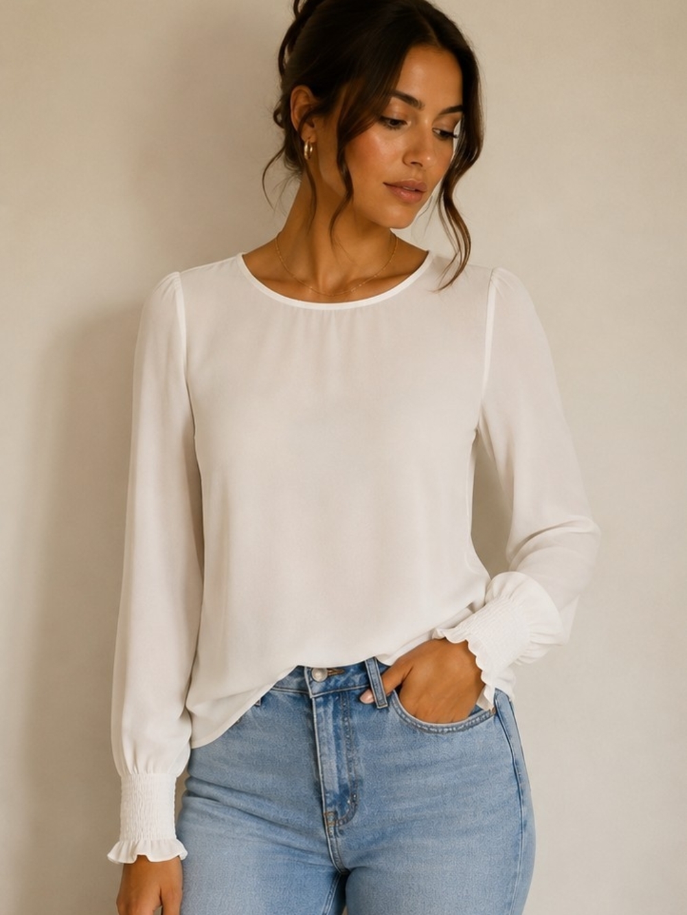 Halston Ivory White Long Sleeve Blouse | XS